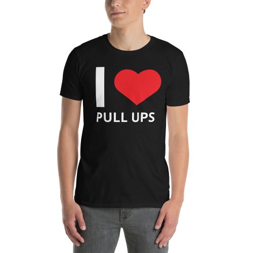 Man wearing the black I Love Pull Ups T-shirt, front view