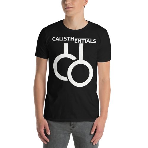 Man wearing the black Calisthentials Rings T-shirt with white rings logo