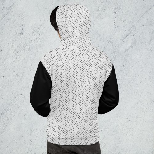 Spotted Black Sleeve Hoodie, back view with hood up