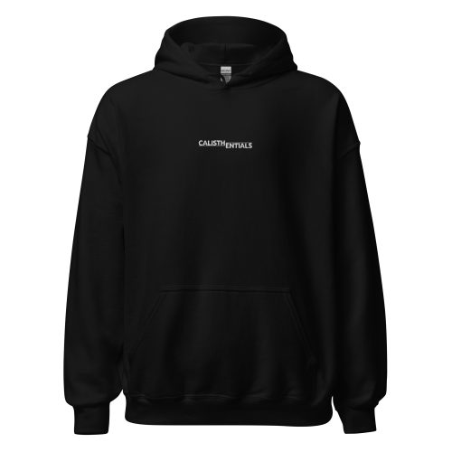 Black Calisthentials Hoodie with white chest logo, flat front view