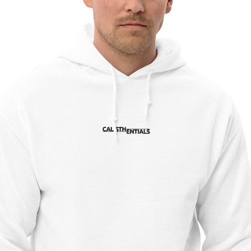 Man wearing the white Calisthentials Hoodie, close-up of the chest logo