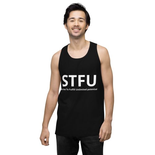 Man wearing the black STFU tank top, front view