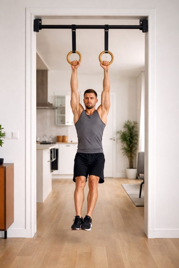 gymnastics rings hanging from pullup bar