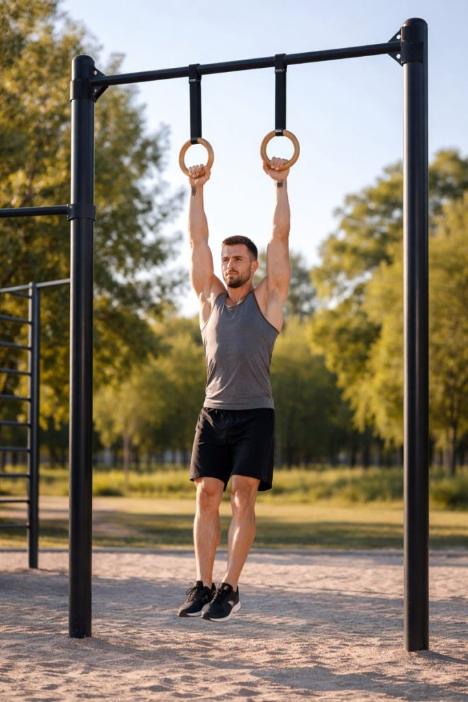 man hanging from pullup bar outdoors in rings